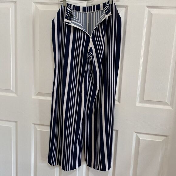 Striped Navy and White Wide Legs Women's Pants - Picture 4 of 5